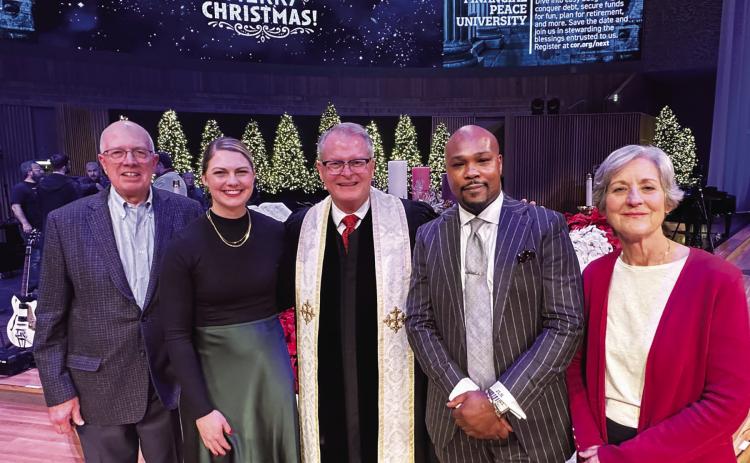From left, Rick Kastner; Dr. Megan Krohn, executive vice president of Dental Services for Swope Health; Rev. Adam Hamilton, senior pastor, United Methodist Church of the Resurrection; Jeron Ravin, JD, president/CEO of Swope Health, and Laura Gregory. Rick Kastner and Laura Gregory are the Resurrection church’s members/volunteers who are leading the church’s Vision 2030 initiative to close the opportunity gap for children in our community. photo/swopehealth.org