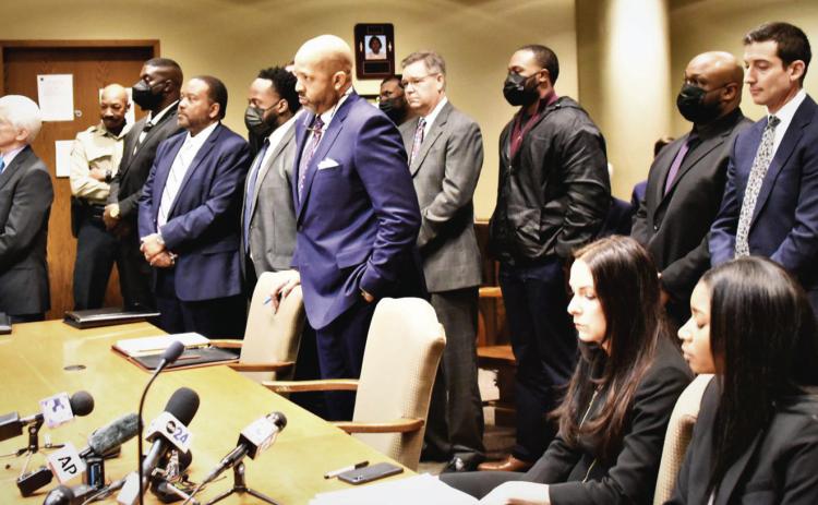 Fired Memphis Police Department officers Tadarrius Bean, Demetrius Haley, Desmond Mills Jr., Emmitt Martin III and Justin Smith (wearing masks) face Shelby County Criminal Court Judge James Jones Jr. in connection with the death of Tyre D. Nichols. (Photo: Gary S. Whitlow/ GSW Enterprises/The New Tri-State Defender) RELATED STORY ON PAGE B4